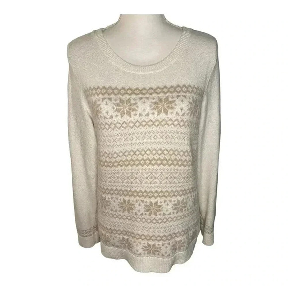 Talbots Women’s Medium White & Gold Stripes & Snowflake‎ Zip Back Sweater - Picture 1 of 5